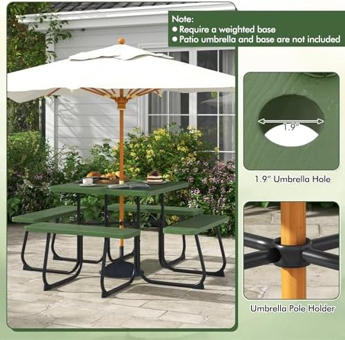 Moccha Picnic Table Bench Set - Outdoor Table and Chairs with Umbrella Hole, HDPE Tabletop & Metal Frame, 500LBS Capacity, Outdoor Camping Table for Garden Backyard Porch Patio Table Set (Green) - Image 5