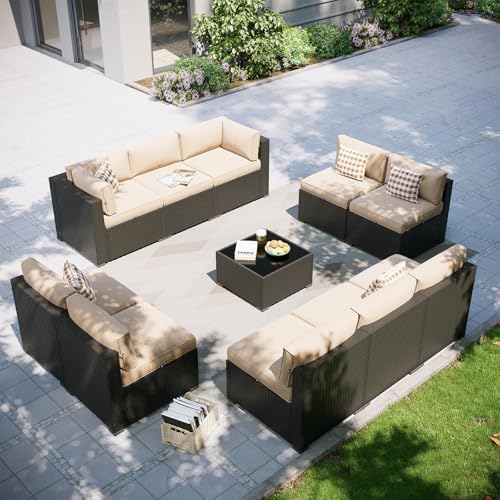 Aoxun Patio Furniture Set, 11 Piece Outdoor Sectional Sofas with Waterproof Cover, 10 Seats Wicker Rattan Outdoor Furniture Patio Conversation Set for Backyard, Garden Begin by Aoxun
