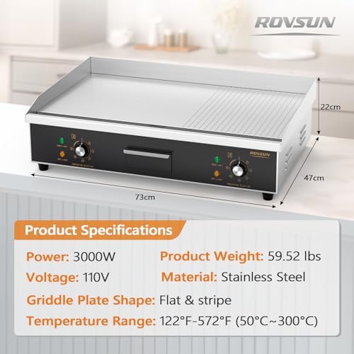 ROVSUN 30" Electric Griddle, Electric Countertop with Half Flat Top Griddle, 3000W Grill Stainless Steel with Adjustable Temperature Control 122°F-572°F for Commercial Home Restaurant, Plug - Image 7