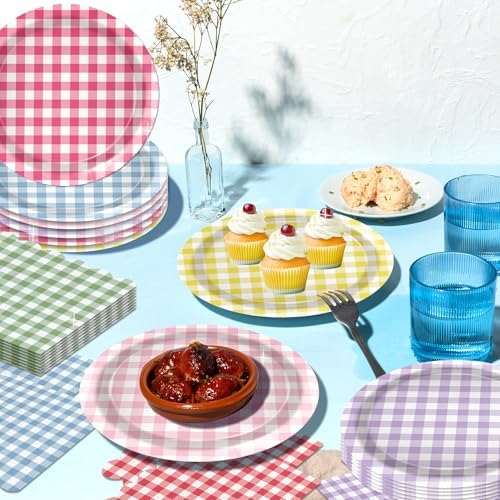 OXYLIPO 48 Pcs Gingham Dessert Paper Plates Set -7 Inch 6 Color Disposable Checkered Tableware | Pastel Round Small Plates for Picnic Wedding Birthday Baby Shower Camping Party Supplies - Image 5