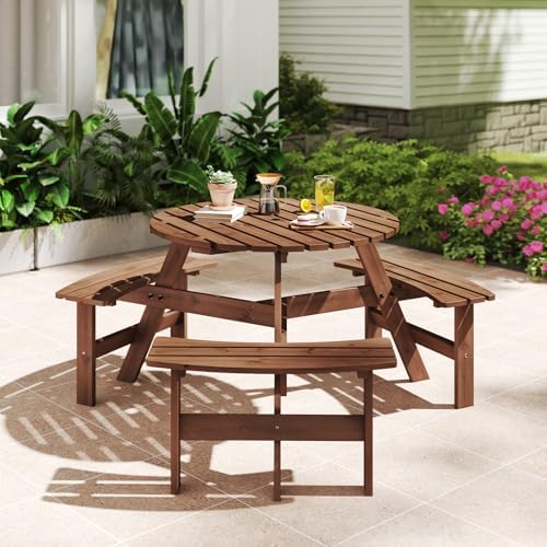 Tangkula 6-Person Wood Picnic Table, Outdoor Round Table and Bench Set with 3 Built-in Benches, Umbrella Hole, Perfect for Outside, Patio, Garden, Backyard, Porch (6-Person,Brown) - Image 2