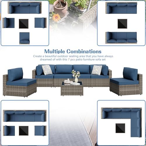 7 Piece Outdoor Patio Furniture Set with Natural PE Rattan, Navy Blue - Image 2