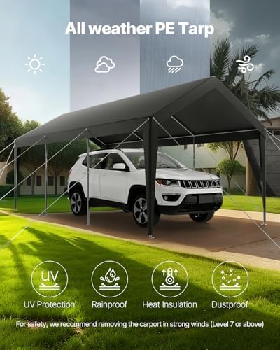 VEVOR Carport, 10 x 20 FT Outdoor Car Canopy, Potable Carport, Heavy Duty Galvanized Car Shelter, UV-Resistant & Water-Resistant, All-Season Protection, Storage Shed for Car Boat Motorcycle Grey - Image 6