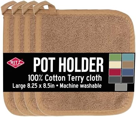 RITZ Terry Potholder & Hot Pad: Unparalleled Heat Resistant, Durable 100% Cotton – Ergonomically Designed for Optimal Grip – Easy-Care Machine Washable – 4-Pack, Mocha Brown by RITZ