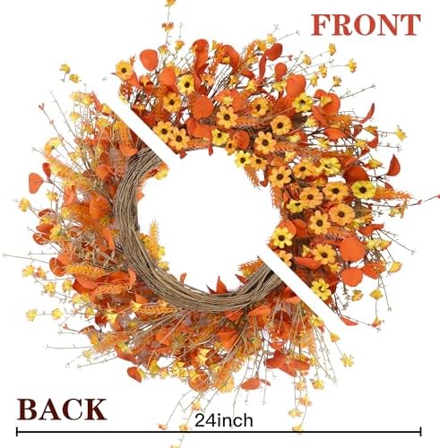 Sggvecsy Fall Wreath 24'' Autumn Harvest Daisy Wreath with Orange Eucalyptus Foam Leaves Grain Daisies Berries for Outside Indoor Home Wall Festival Thanksgiving Decor - Image 6