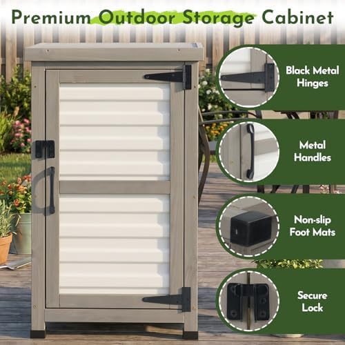 Small Outdoor Storage Cabinet with Waterproof Metal Top, White Wood & Plastic Potting Bench Table with Removable Shelf, Outside Cabinets Work Station for Patio, Balcony,17.9''x17.9''x33.5'' - Image 5