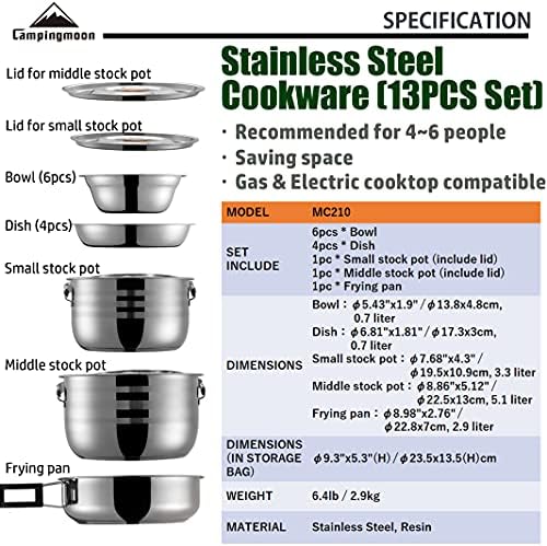 CAMPINGMOON Camping Cookware Set Stainless Steel Outdoor Nesting Cooking Mess Kit Pots Pans Bowls with Storage Carrying Tote Bag - Image 2