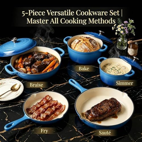 QuliMetal 5-Piece Cobalt Blue Enameled Cast Iron Cookware Set - Image 3