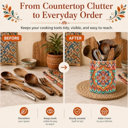 Orange Bohemian Kitchen Utensil Holder, Boho Style Ceramic Utensil Holder For Countertop Organizer, 6.3'' Winter Cooking Utensil Crocks Festivel Decor Utensil Storage Cup for Spatulas, Spoons - Image 7