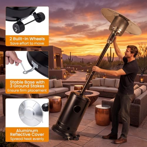 COSTWAY Outdoor Patio Heater, 47476 BTU Propane Heater with Stainless Steel Burner and Wheels, Triple Protection System, Standing Portable Outside Heater for Porch, Deck, Home and Commercial, Black - Image 4