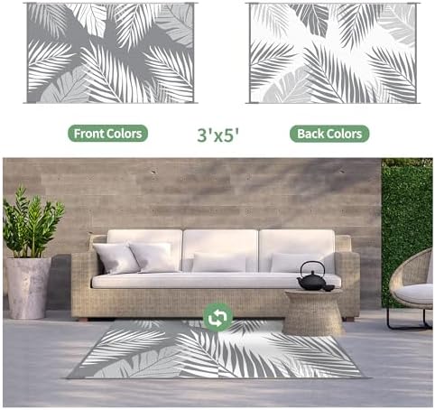 GENIMO Outdoor Rug 3'x5' Waterproof for Porch, Plastic Door Mat Grey White - Image 2
