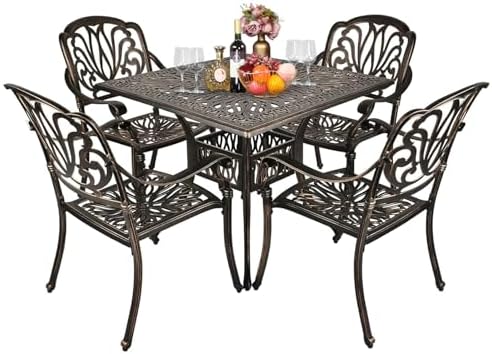 VINGLI 5 Pieces Outdoor Patio Dining Set, Cast Aluminium Patio Furniture Set with 4 Chairs and 1 Umbrella Table for Yard, Garden, Porch and Poolside, Bronze by VINGLI