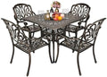 VINGLI 5 Pieces Outdoor Patio Dining Set, Cast Aluminium Patio Furniture Set with 4 Chairs and 1 Umbrella Table for Yard, Garden, Porch and Poolside, Bronze by VINGLI