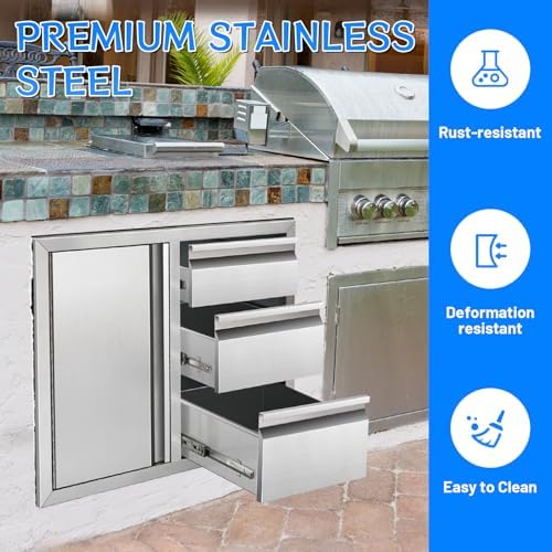Outdoor Kitchen Drawer Combo Cabinet, Stainless Steel Triple Drawers with Integrated Access Door, 28" W x 22" H x 19.5" D Outdoor Built-in Cabinet for BBQ Island Grill Stations - Image 4