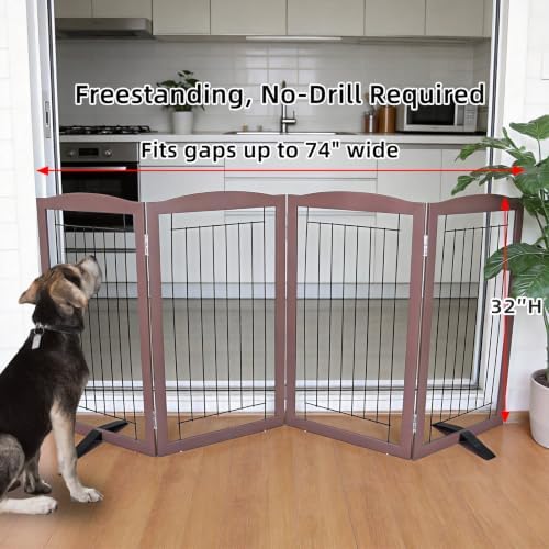 ZJSF Freestanding Dog Fence Indoor, Foldable Dog Gate for Doorways, Stairs or Hallways, Sturdy Wood Extra Wide Pet Gate with Support Feet for The House, Brown, 32 "Height-4 Panels - Image 2