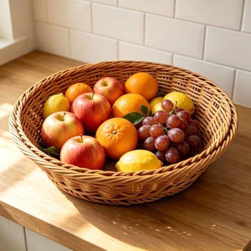 RT&BS Large Round Wicker Bread Basket, Round Wicker Fruit Basket, Woven Egg Baskets, Reusable Handwoven Storage Baskets for Living Room, Kitchen, Store, Restaurant, Outdoor, Party (Brown, L) - Image 4