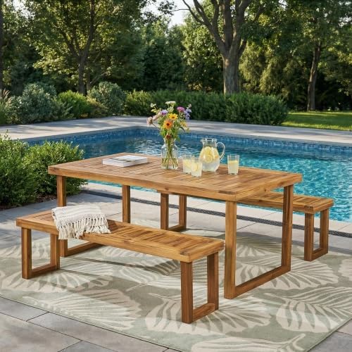 69'' Outdoor Patio Dining Table & 2 Bench for 4, Acacia Wood Dining Table Set Outdoor & Indoor Furniture for Patio Porch Garden, 3-Pcs, Sandblast Natural Finish - Image 4