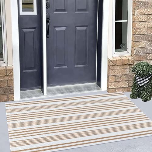 Khaki and White Striped Outdoor Rug 24"x51" Fall Washable Front Porch Rug - Image 5