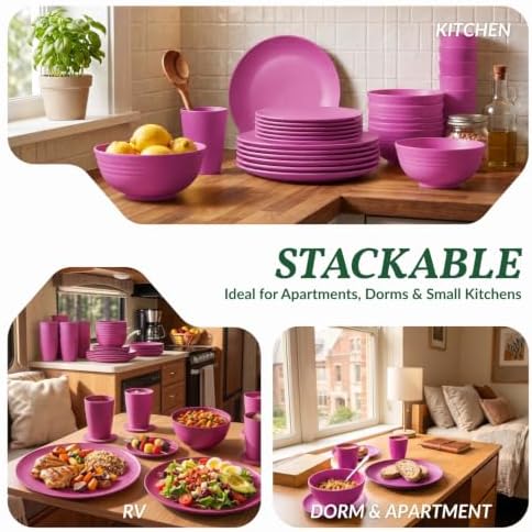 40-Piece Kitchen Plastic Wheat Straw Dinnerware Set, Dish Set for 8, Dinner Plates, Dessert Plate, Cereal Bowls, Cups, Appetizer Plates,Unbreakable Plastic Outdoor Camping Dishes,Pink - Image 6