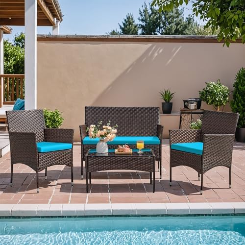 Homall 4 Pieces Patio Rattan Chair Wicker, Outdoor Indoor Use Backyard Porch Garden Poolside Balcony Furniture Sets (Blue) - Image 4