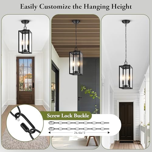 BesLowe 15” Large Outdoor Pendant Light, 2-Light Hanging Lantern, Black - Image 7