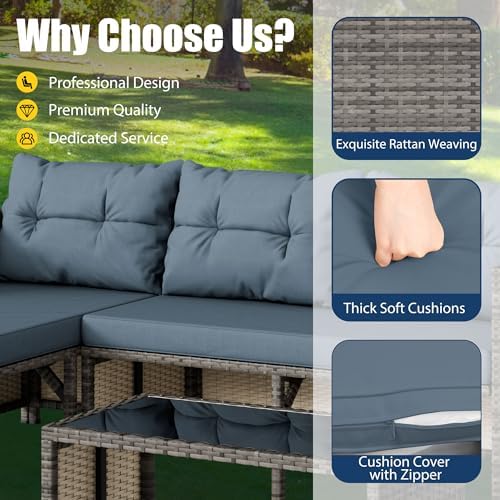 Vongrasig 3 Pieces Patio Furniture Sets, All-Weather Wicker Outdoor Sofa Couch Sectional Set, Small Conversation Set for Patio, Garden w/Cushion, Glass Table, Blue - Image 4
