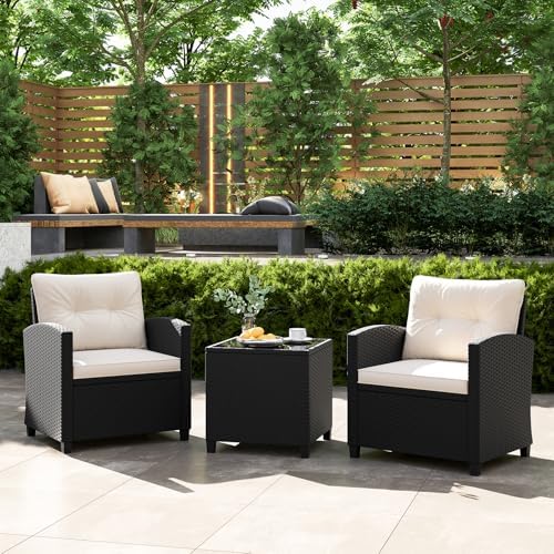 Tangkula 3 Piece Patio Furniture Set, Rattan Conversation Set w/Soft Seat & Back Cushions, Tempered Glass Topped Coffee Table, Cushioned Wicker Seating Set for Backyard, Porch, Poolside (Off White) - Image 2
