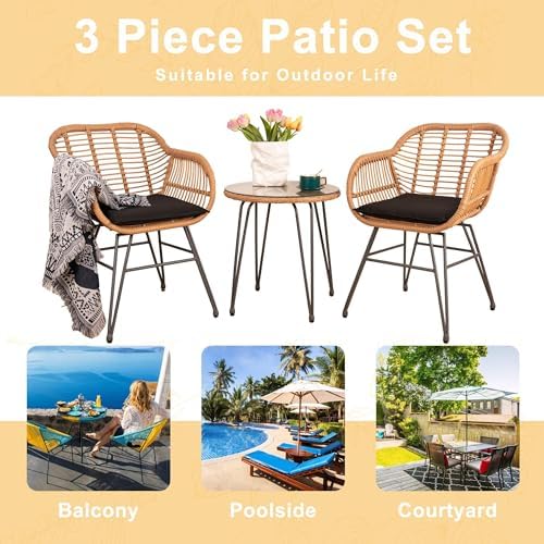 Tappio 3 Piece Outdoor Wicker Furniture Patio Bistro Set, Balcony Furniture Rattan Conversation Sets, Outdoor Patio Chairs Set for Porch Poolside Garden, Black - Image 6