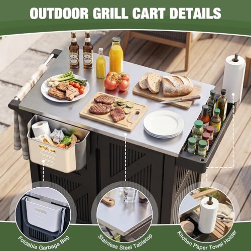 Outdoor Grill Cart with Stainless Steel Top, Outdoor Kitchen Island BBQ Prep Table, 2-Tier Storage Cabinet, Rolling Utility Station with Hanging Trash Bin, Wheels, Side Shelf for Patio, Yard, Picnic - Image 4