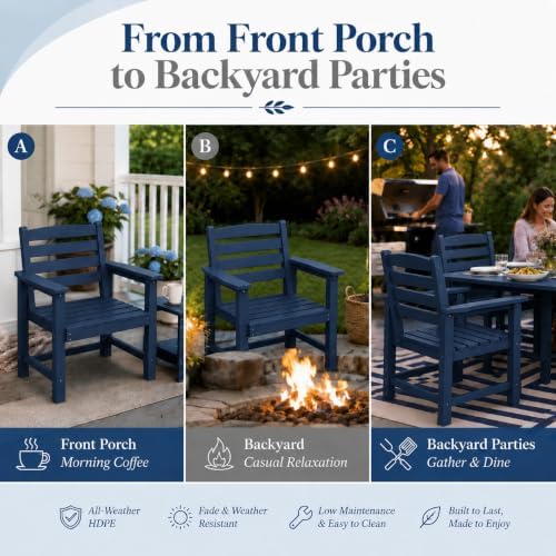 Patio Dining Chairs Set of 2, All-Weather HDPE Outdoor Dining Chair with High Back, Stackable Heavy Duty 400 lbs Lawn Armchair for Backyard Deck Porch Table, Navy Blue - Image 5