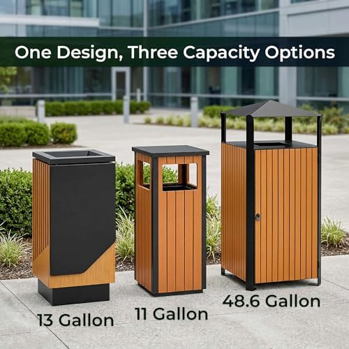 48.6 Gallon Square Outdoor Trash Can - Decorative Steel and Wood Composite Commercial Waste Receptacle with Hooded Covered Top, Galvanized Steel Liner, and Locking Side Access Door for Parks, Schools - Image 5