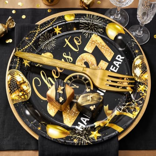 96 Pieces New Year’s Eve Plates and Napkins Set – Black and Gold 2027 Disposable 9 Inch and 7 Inch Party Plates with Gold Forks for New Year Countdown Celebration – Serves 24 Guests - Image 5