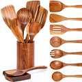 Mooues Wooden Kitchen Utensil Set, 9 Piece Natural Teak with Spoon Rest by Mooues
