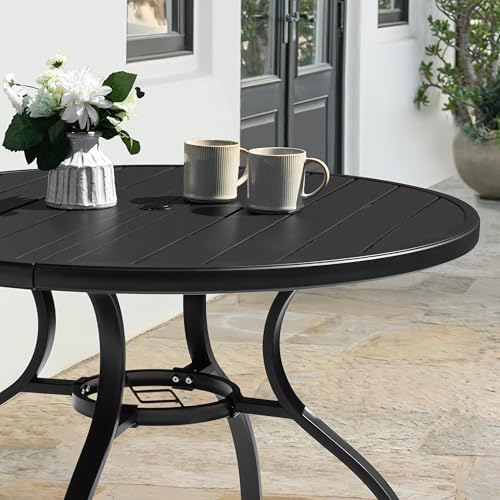 NUU GARDEN 41" Round Outdoor Patio Dining Table for 4, Slatted Metal Table with 1.57" Umbrella Hole and Adjustable Feet, All-Weather for Lawn, Garden and Backyard, Black - Image 4
