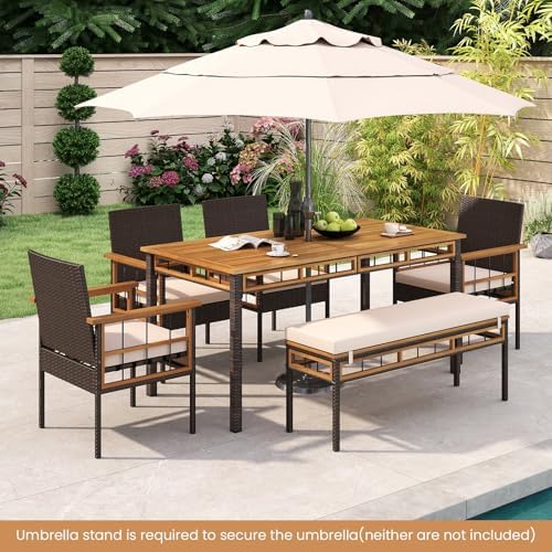 Tangkula 6 Pieces Patio Dining Table Set, Outdoor Rectangular Acacia Wood Table with 1.97” Umbrella Hole & Cushioned Backless Bench & 4 Armchairs, for Garden, Deck, Yard - Image 6