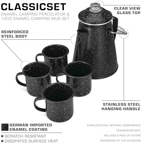 COLETTI Classic Enamel Set Coffee Percolator & Mugs — The Most Nostalgic Camping Coffee Pot, Now Modernized [Black Enamel, 12 Cup Percolator Coffee Pot & Set of 4 Mugs] - Image 5