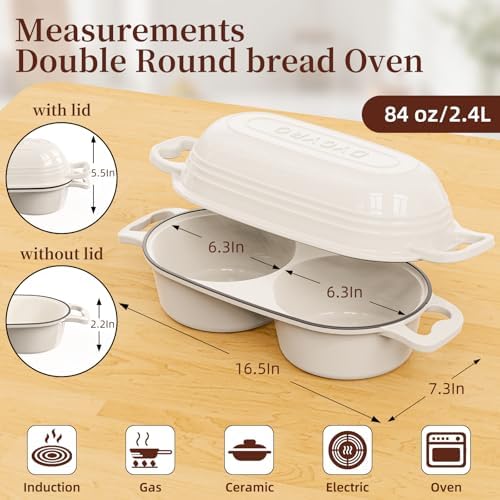 Enameled Cast Iron Double Round Bread Loaf Pot with Lid –Cream White - Image 2