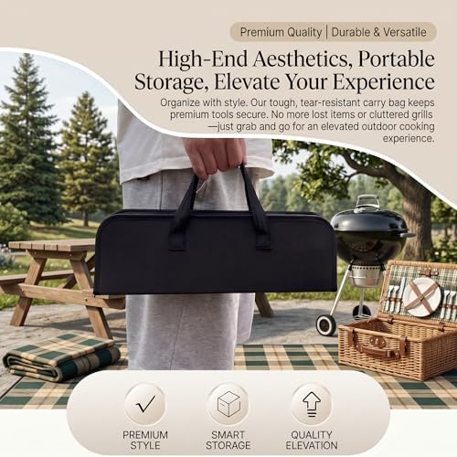 9-Piece Stainless Steel BBQ Tool Set with Carry Bag, Grill Utensils Kit with Spatula, Fork, Tongs, Knife, Skewers, Oil Brush for Outdoor Grill, Camping, Tailgating, Cookouts, BBQ Gifts - Image 4