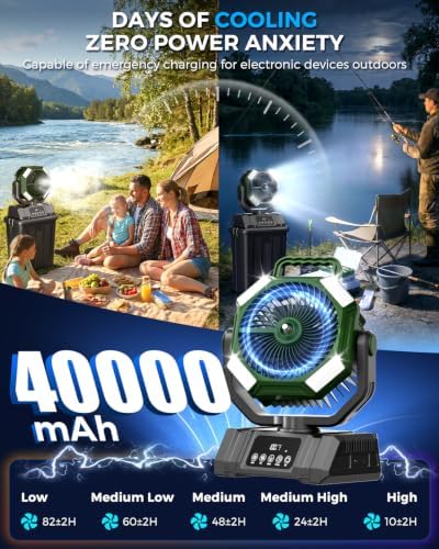 40000mAh Misting Fans for Outside, 15L Large Tank Portable Misting Fan, Battery Powered Outdoor Mister Fan with Remote & LED Light, Wide 270° Coverage for Camping Patio Backyard (Black Green) - Image 4