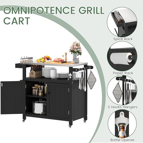 Weatherproof HIPS Outdoor Kitchen Island with Stainless Steel Top & Storage Cabinet, Movable Prep Table with Wheels for BBQ Food Prep, Outdoor Grill Cart for Parties, Black - Image 2