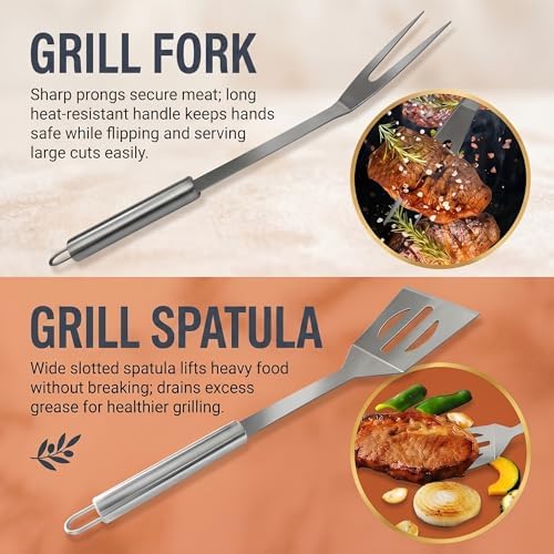 9-Piece Stainless Steel BBQ Tool Set with Carry Bag, Grill Utensils Kit with Spatula, Fork, Tongs, Knife, Skewers, Oil Brush for Outdoor Grill, Camping, Tailgating, Cookouts, BBQ Gifts - Image 3