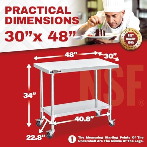 DuraSteel 30x48 NSF Stainless Steel Cart Work Table - Heavy Duty Rolling Food Prep Table Countertop Island - Metal Utility Cart on Wheels Caster, Grill Stand Storage Outdoor Kitchen Tables Bar Top - Image 3