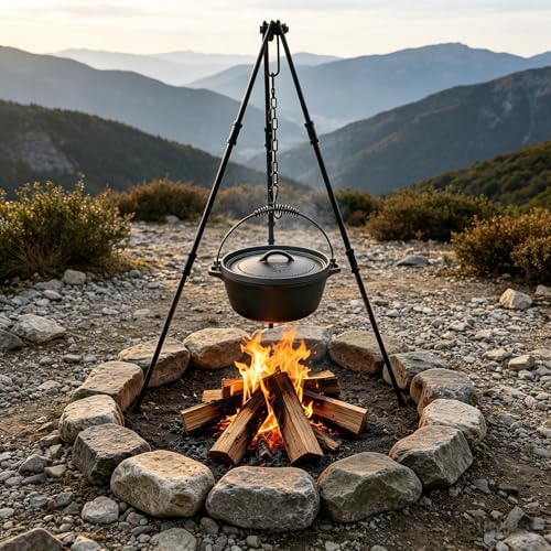 Heavy Duty Steel Tripod with Chain, Collapsible 42" H, 10mm Solid Steel Bars Black Steel Tripod,Adjustable Camping Tripod for Cast Iron Dutch Oven Pot on The Wild Camping - Image 4
