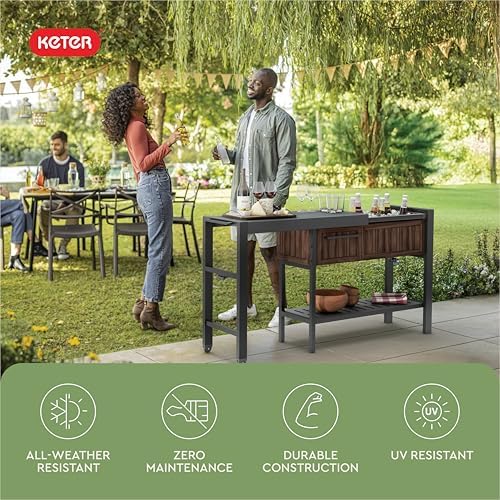 Keter Extendable Outdoor Bar Cart with Hidden Cooler, Storage Drawers & Prep Surface – Mobile Patio Serving Station with Drainage Kit & Hidden Wheels for Backyard, Garden & Poolside Entertaining - Image 5