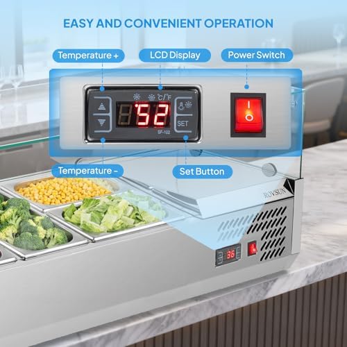 ROVSUN 48" Refrigerated Condiment Prep Station ETL NSF, 25.1QT Sandwich Prep Table Salad Bar Prep Rail w/Auto Defrost Temp Control Glass Shield 3 1/3 Pan & 2 1/4 Pan for Restaurant Food Truck - Image 6