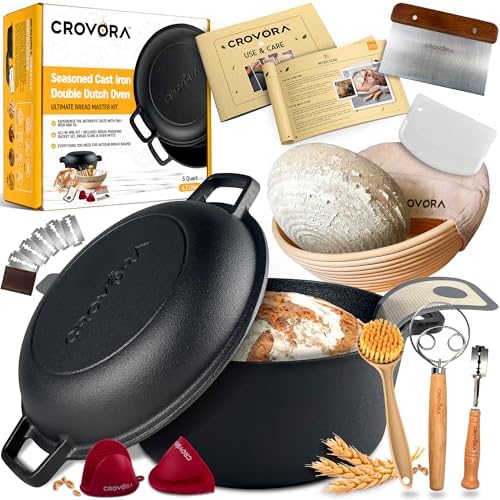 Crovora Pre-Seasoned Cast Iron Dutch Oven for Bread Baking with Skillet Lid - Incl. Sourdough Bread Baking Supplies like Banneton Bread Proofing Basket, 5QT Cast Iron Bread Pan, Bread Oven by Crovora