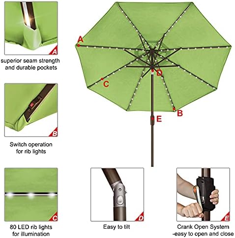 EliteShade USA 10-Year-Non-Fading 9ft Market Patio Umbrella, Commercial Grade Table Sun Umbrella with 80 Solar LED Lights, Crank Open, Windproof & UPF 50+ UV Protection for Garden, Deck, Pool, Backyard, Macaw Green - Image 5