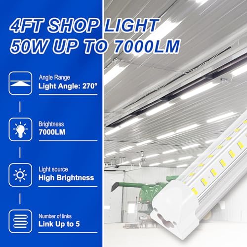 XLNYUUI Led Shop Lights, 4FT LED Light 50W 6500K 7000LM Daylight,Led Garage Light,Linkable Clear Cover Integrated V-Shape for Garage Warehouse Workbench Workshop(4-Pack) - Image 5