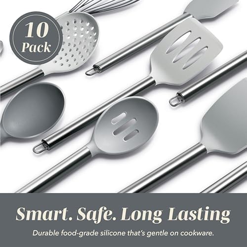 COOK WITH COLOR Silicone Cooking Utensils, Kitchen Utensil Set, Easy to Clean Silicone Kitchen Utensils, Cooking Utensils for Nonstick Cookware, Kitchen Gadgets Set, 10 Pieces, Grey Ombre - Image 3