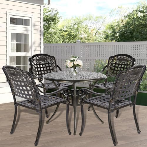 MEETWARM 5 Piece Patio Dining Set, Outdoor All-Weather Cast Aluminum Dining Table Set, Patio Furniture Set for Backyard Garden Deck, Include 4 Chairs and a 35.4" Round Table with Umbrella Hole - Image 7